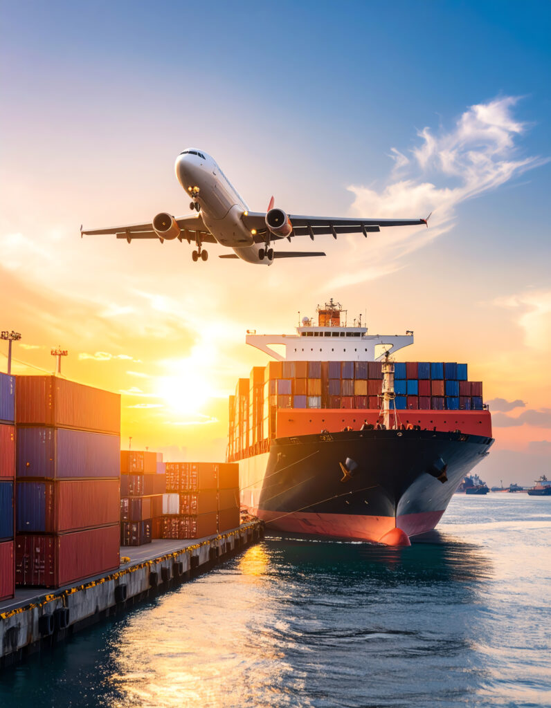 a cargo ship at a port with stacked containers and an airplane flying overhead at sunset, symbolizing global transportation and logistics